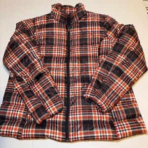Eddie Bauer burnt orange and Black Checkered down Puffer Jacket